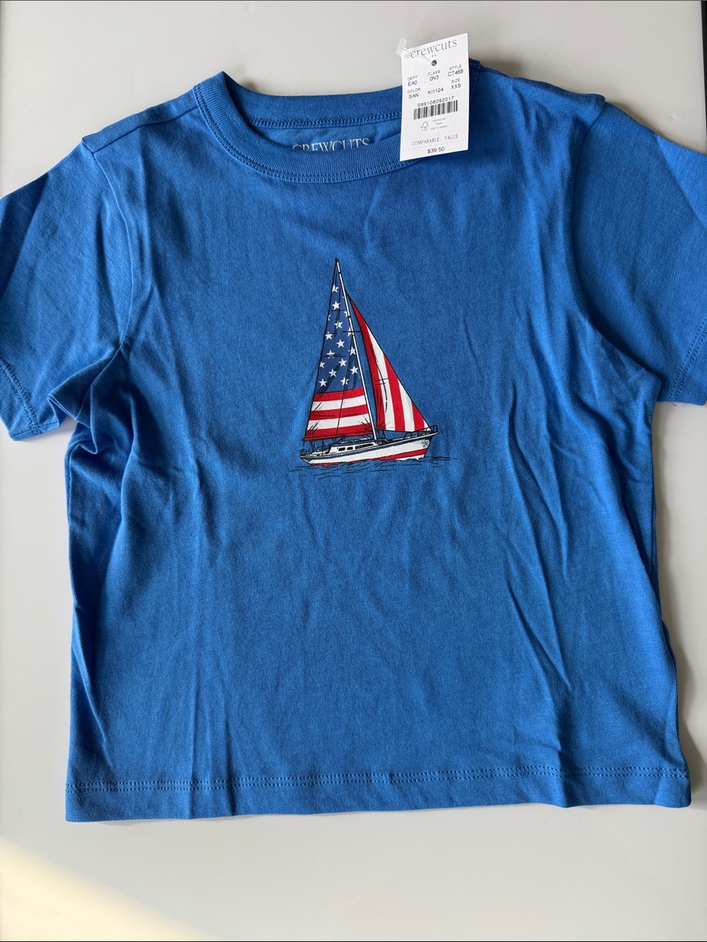 NWT! Crewcuts Bright Blue Tee with Patriotic Sailboat 2-3 y/o